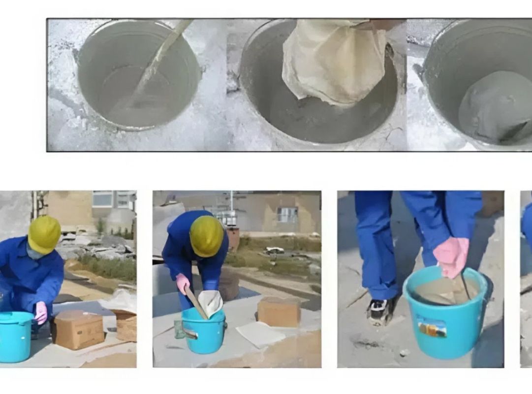 Nhân viên tiến hành pha trộn bột nở phá đá theo đúng tỷ lệ kỹ thuật